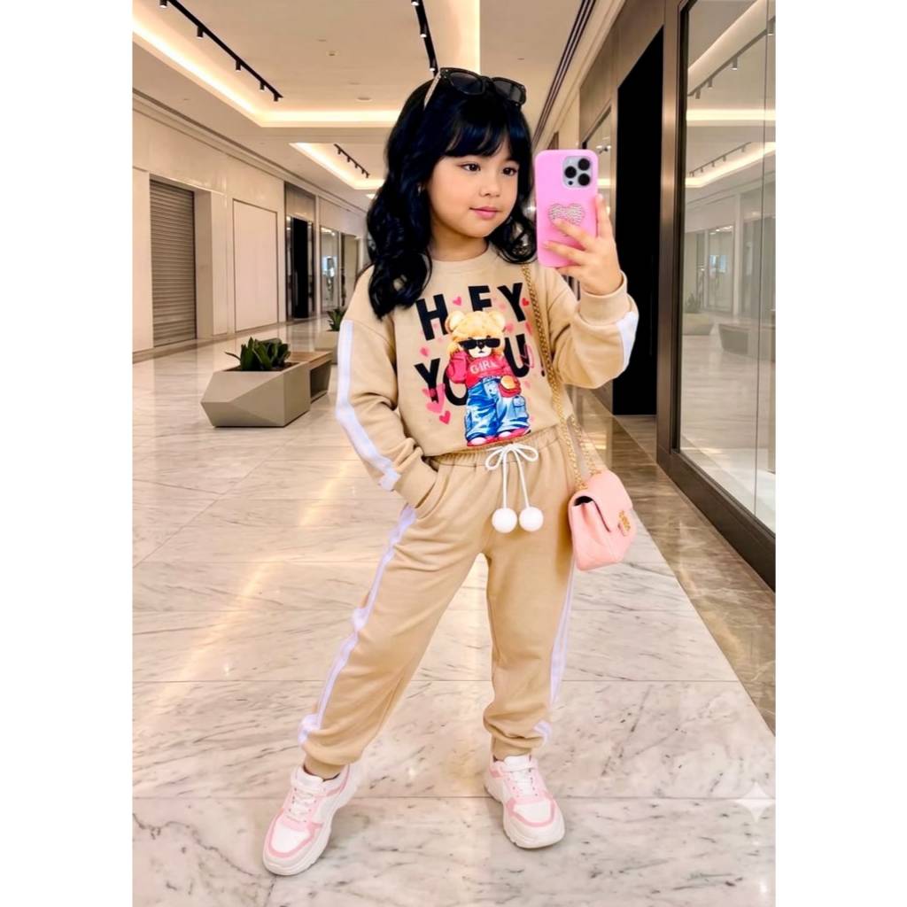 Conjunto Infantil Moletom Flanelado Ursinho Fashion Moda Blogueirinha Blusa + Calça PomPom Menina 2 A 8 Anos Quentinho