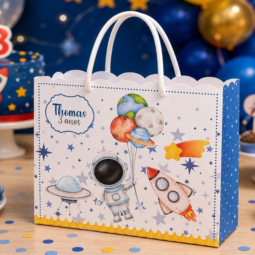 Kit Festa Sacolinhas feita de Papel Personalizadas - Lembrancinhas (PEGUE E MONTE) ASTRONAUTA MENINO