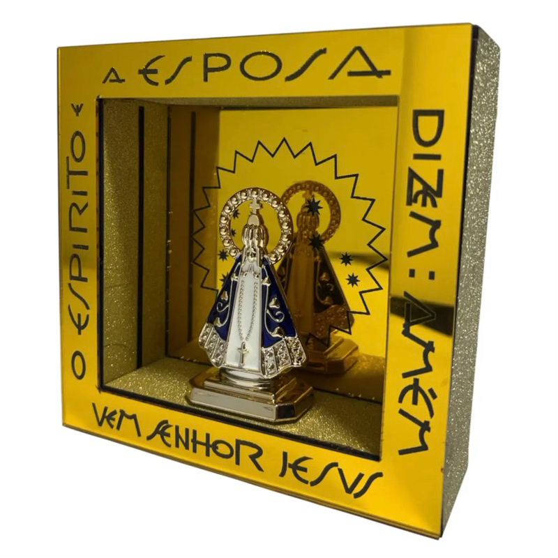 Nicho Oratório Nossa Senhora Aparecida 16 cm MDF Acrílico Dourado Espelhado Decoração Religiosa Fé e Proteção