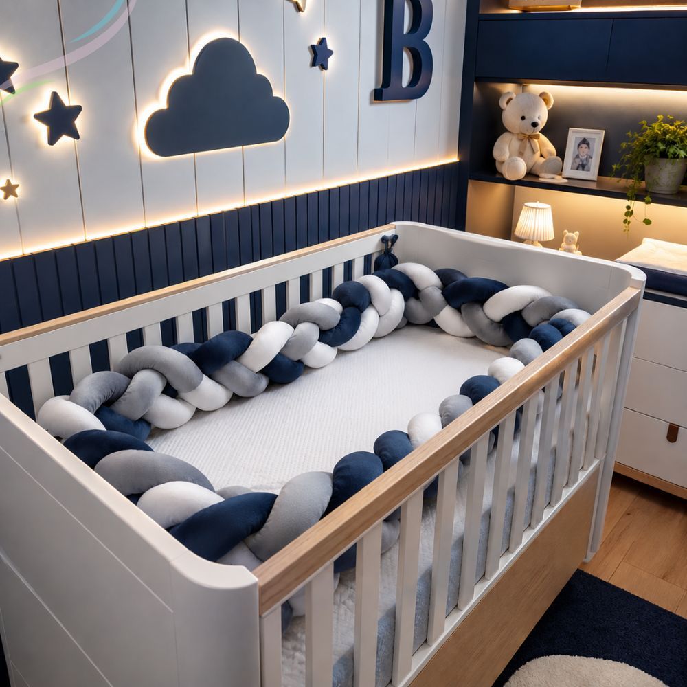 Trança Protetor De Berço 4 Metros Cama Montessoariana Fibra Siliconada Confortavel Bebê Cores Lisas