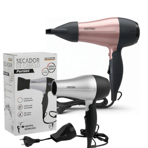 SECADOR DE CABELO DOBRÁVEL VIAGEM PORTÁTIL ROSA CINZA 1200W BIVOLT