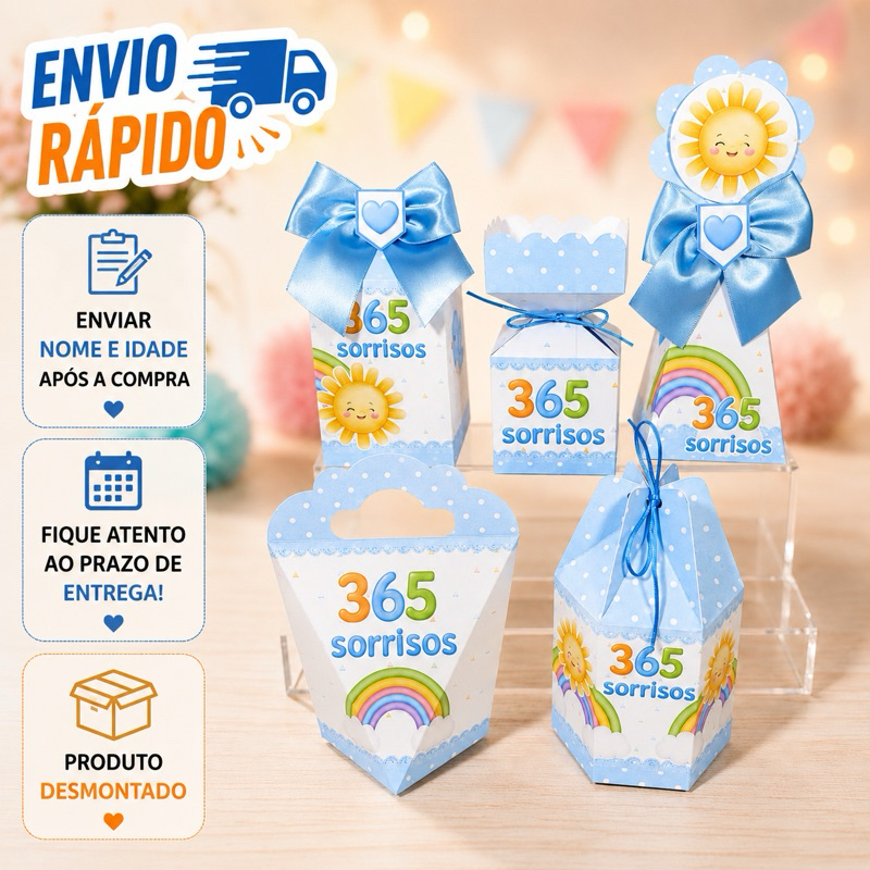 kit Caixinhas Personalizadas para 365 SORRISOS AZUL Lembrancinhas de Aniversário DESMONTADO.