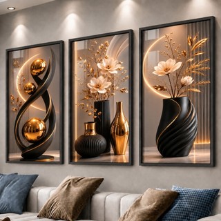 Kit 3 Quadros Decorativos Modernos com Vasos Pretos Dourados Flores Brancas e Escultura A…