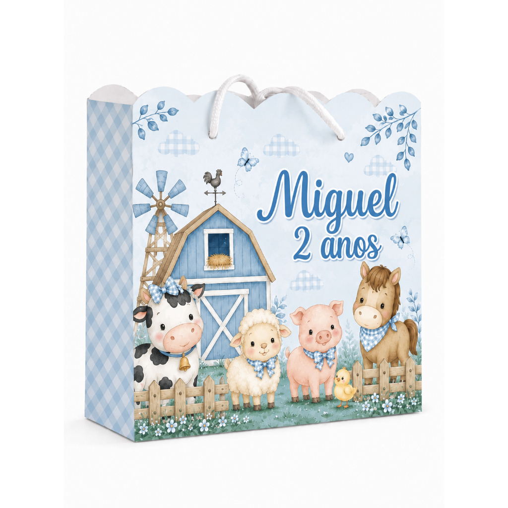 Sacolinhas Personalizadas Fazendinha | Lembrancinha Festa Infantil Azul| Kit Montado