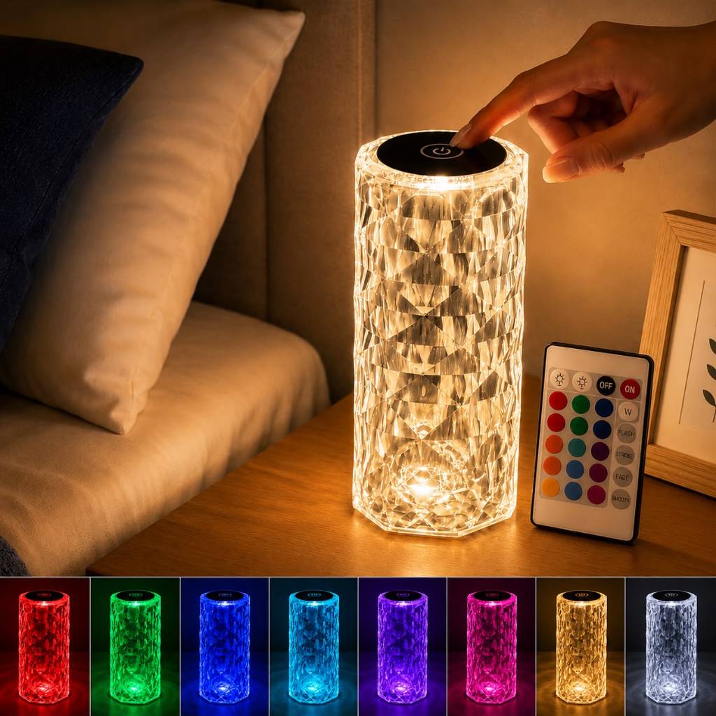 Luminária De Mesa Cristal LED 13 Cores Recarregável Quarto Cabeceira Com Controle