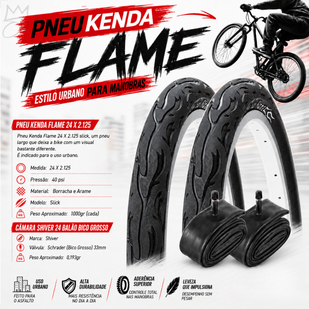 PAR Pneu Bicicleta Kenda Flame Aro 24 x 2.125 Balão + PAR camara Shiver 24 Scooter freeride manobra
