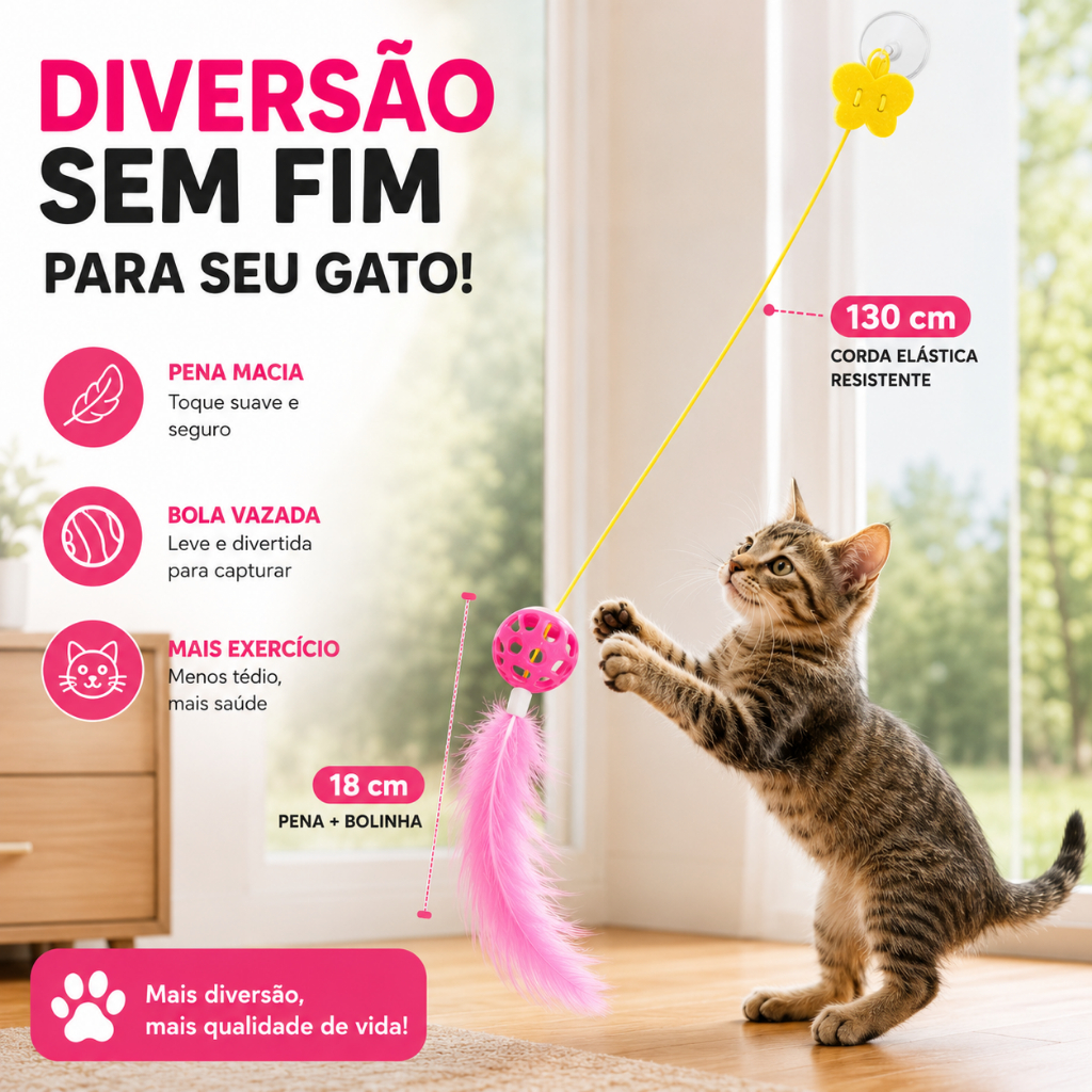 Brinquedo Interativo para Gatos com Fixação Adesiva, Corda Elástica 130cm, Bola com Guizo e Pena