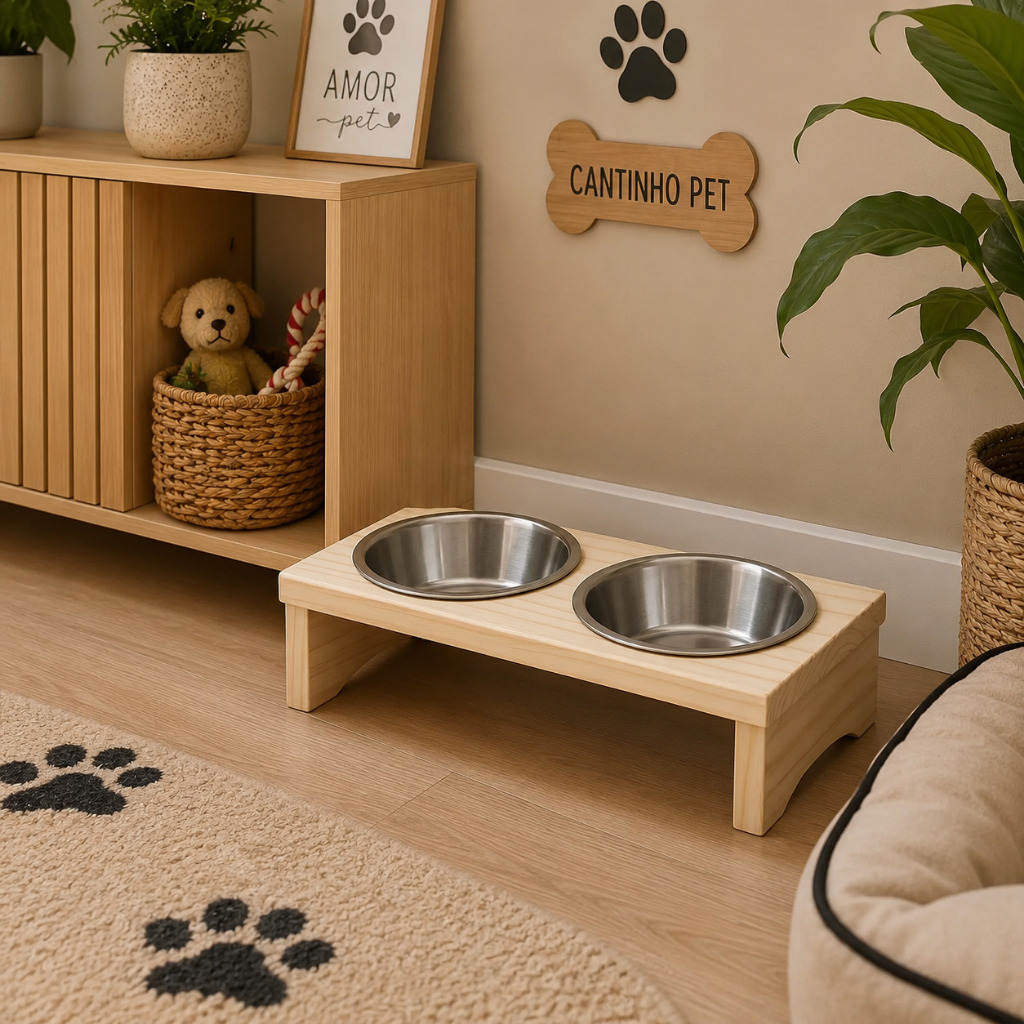 Comedouro Duplo Elevado Madeira Pinus para Cães e Gatos 200 ml (baixo)