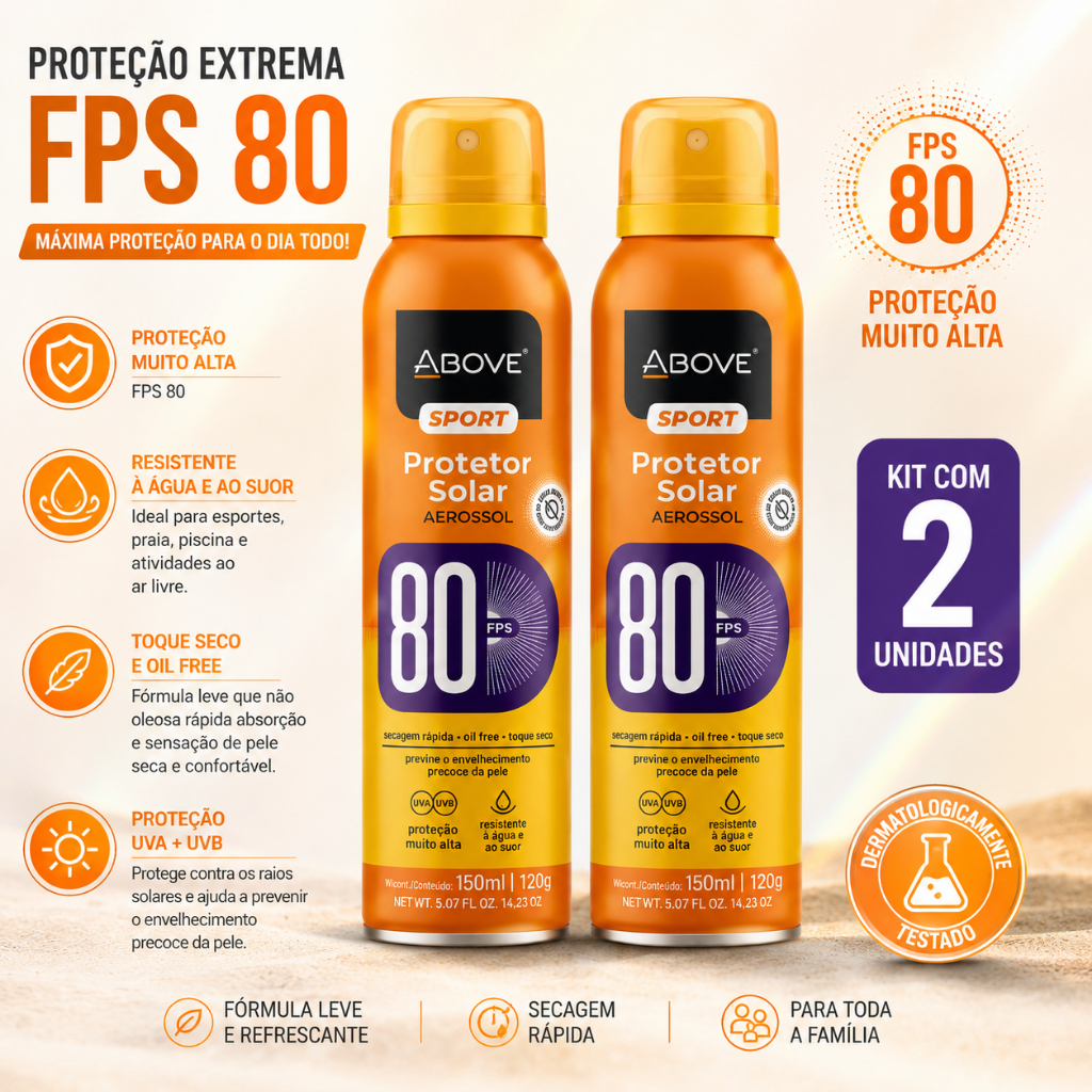 Kit 2 Protetor Solar Above Sport FPS 80 Aerossol Oil Free 150ml Resistente à Água