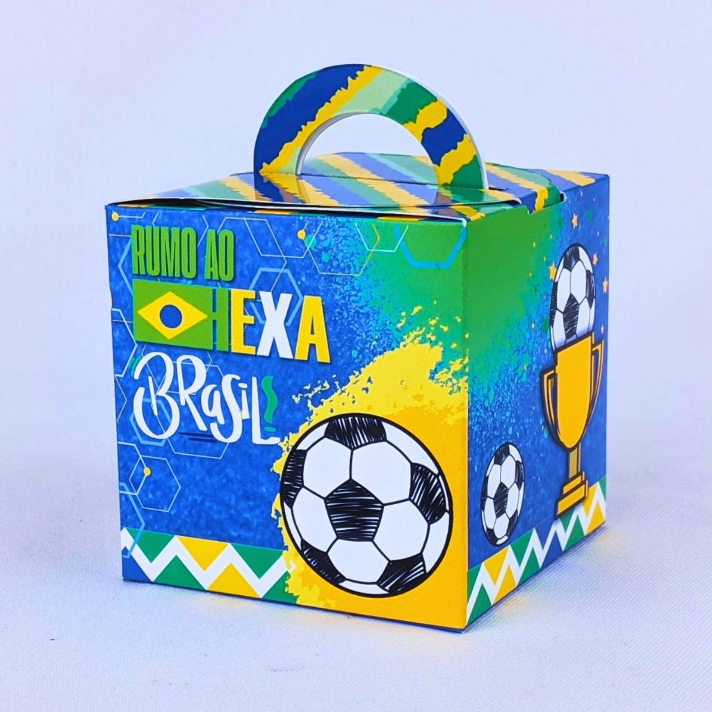 Kit 10 a 60 Caixinhas Para Lembrancinha Futebol Brasil Hexa Cubo Com Alça Personalizada Infantil de Aniversário