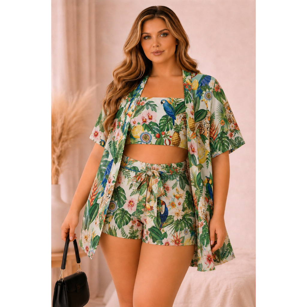 Conjunto Feminino 3 Peças | Kimono, Cropped e Short Estampado