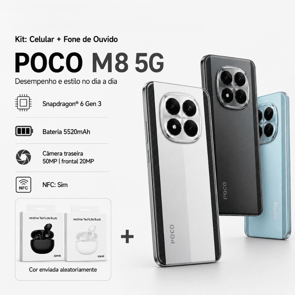 Xiaomi Poco M8 5G+Realme Techlife Buds, Versão Global, Processador Snapdragon 6 