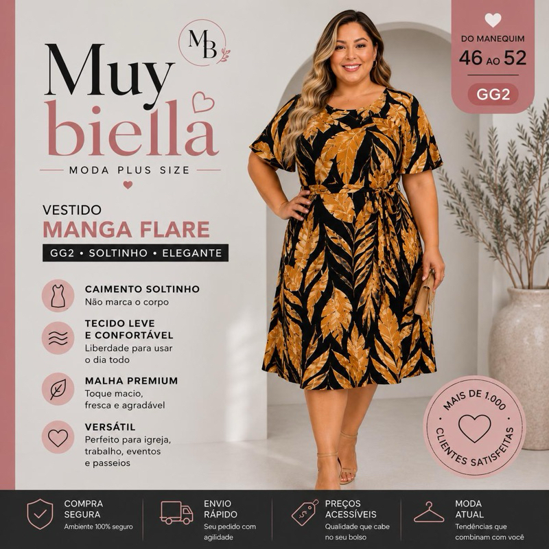 Vestido Plus Size GG2 Manga Flare Soltinho Estampado Malha Fria Confortável Moda Feminina Elegante