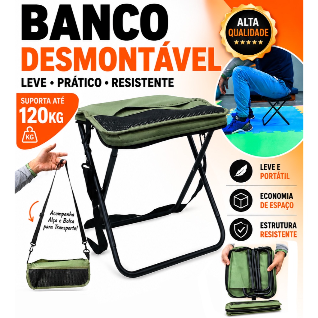 Banco Dobrável Portátil de Aço com Estrutura Leve e Resistente Premium Banquinho Banqueta Camping Parque Pesca Lanmax