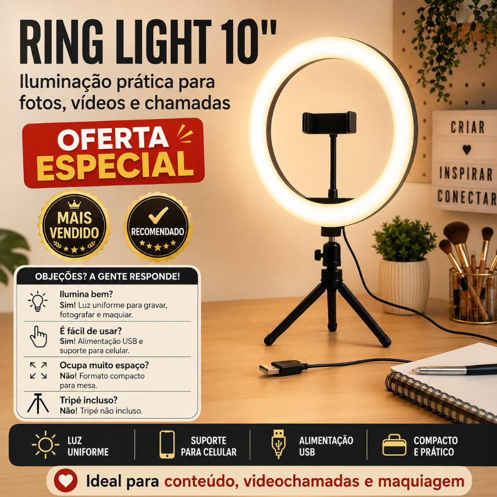 Ring Light Iluminador Anel Luz com suporte para celular  26cm 10 Polegadas 15w (tripé não incluso)