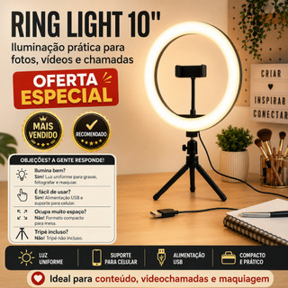 Ring Light Iluminador Anel Luz com suporte para celular  26cm 10 Polegadas 15w (tripé não…