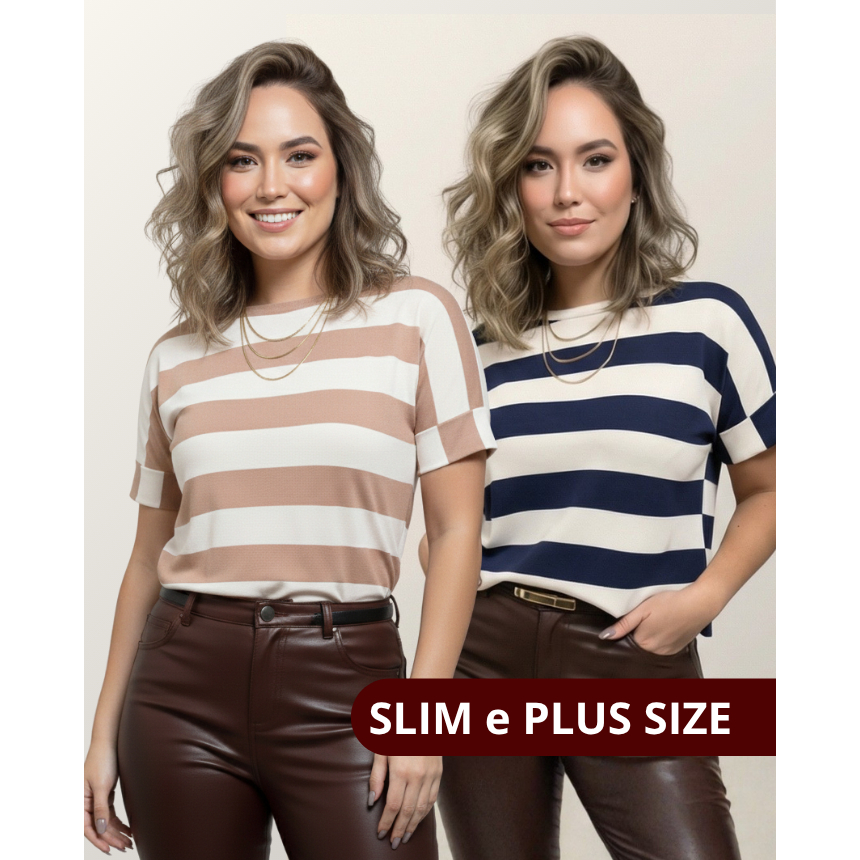 Blusa (38 ao 52) Listrada e Lisa Feminina T shirt Manga Japonesa Curta Dobrada