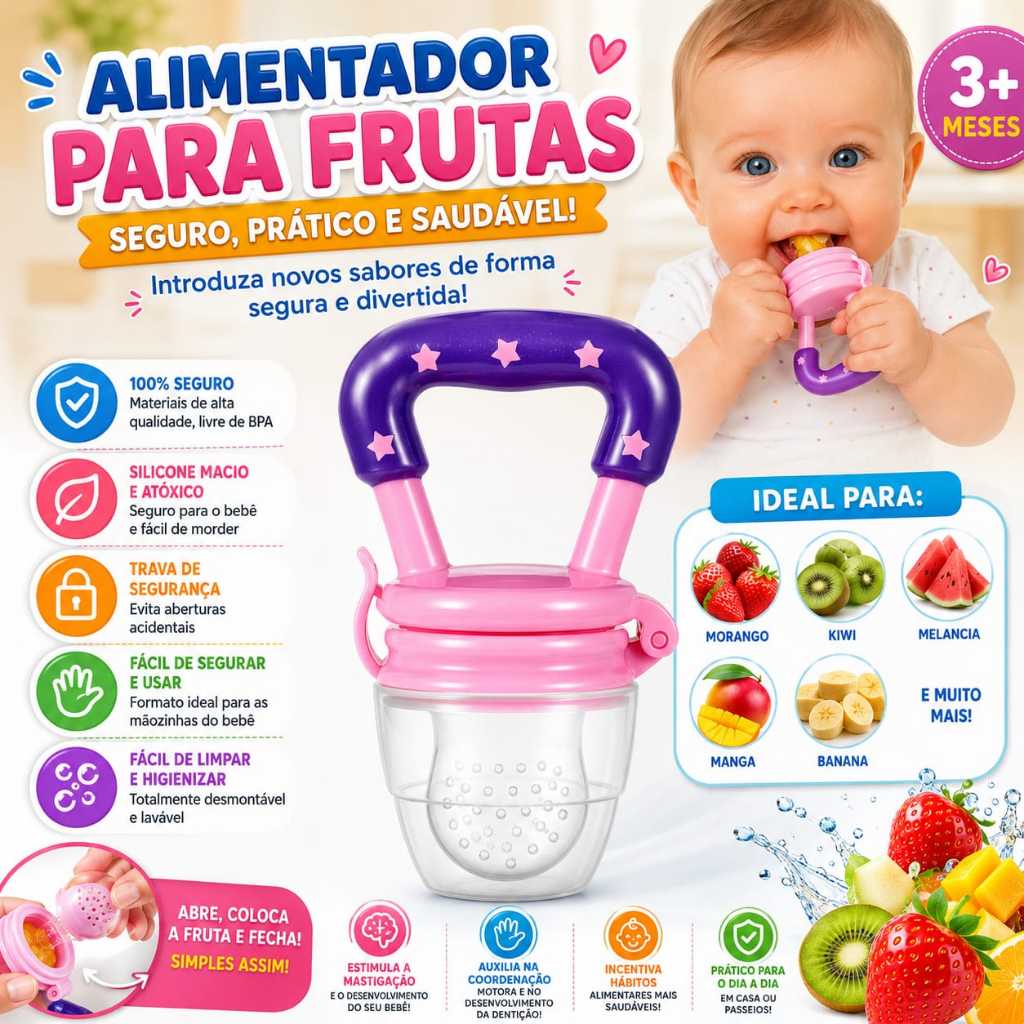 Chupeta Mordedor Alimentadora Bebê De Silicone Porta Fruta Livre De BPA Trava Segurança Chupeta Mordedor