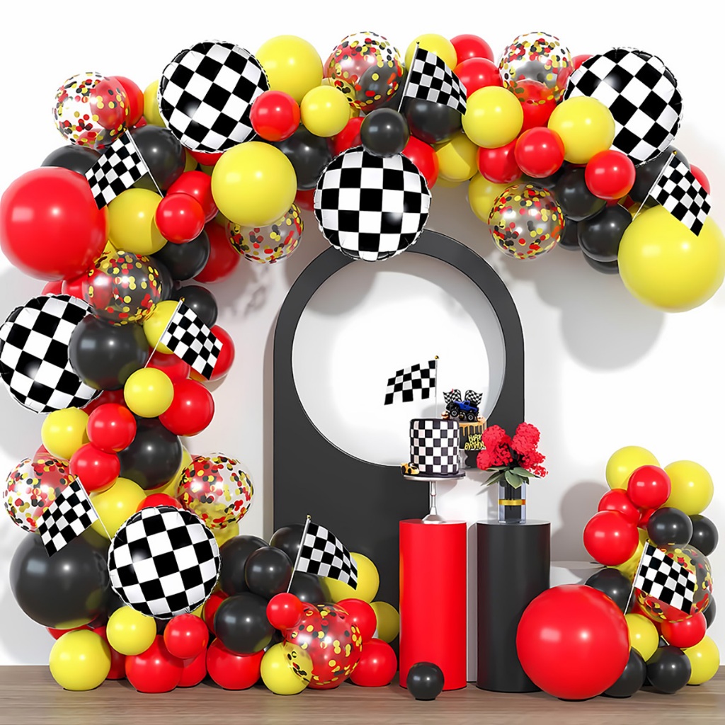 Kit 111 Balões Bexiga Pista Kart Quadriculado Vermelho Amarelo Preto Festa Infantil Decoração Aniversário Menino