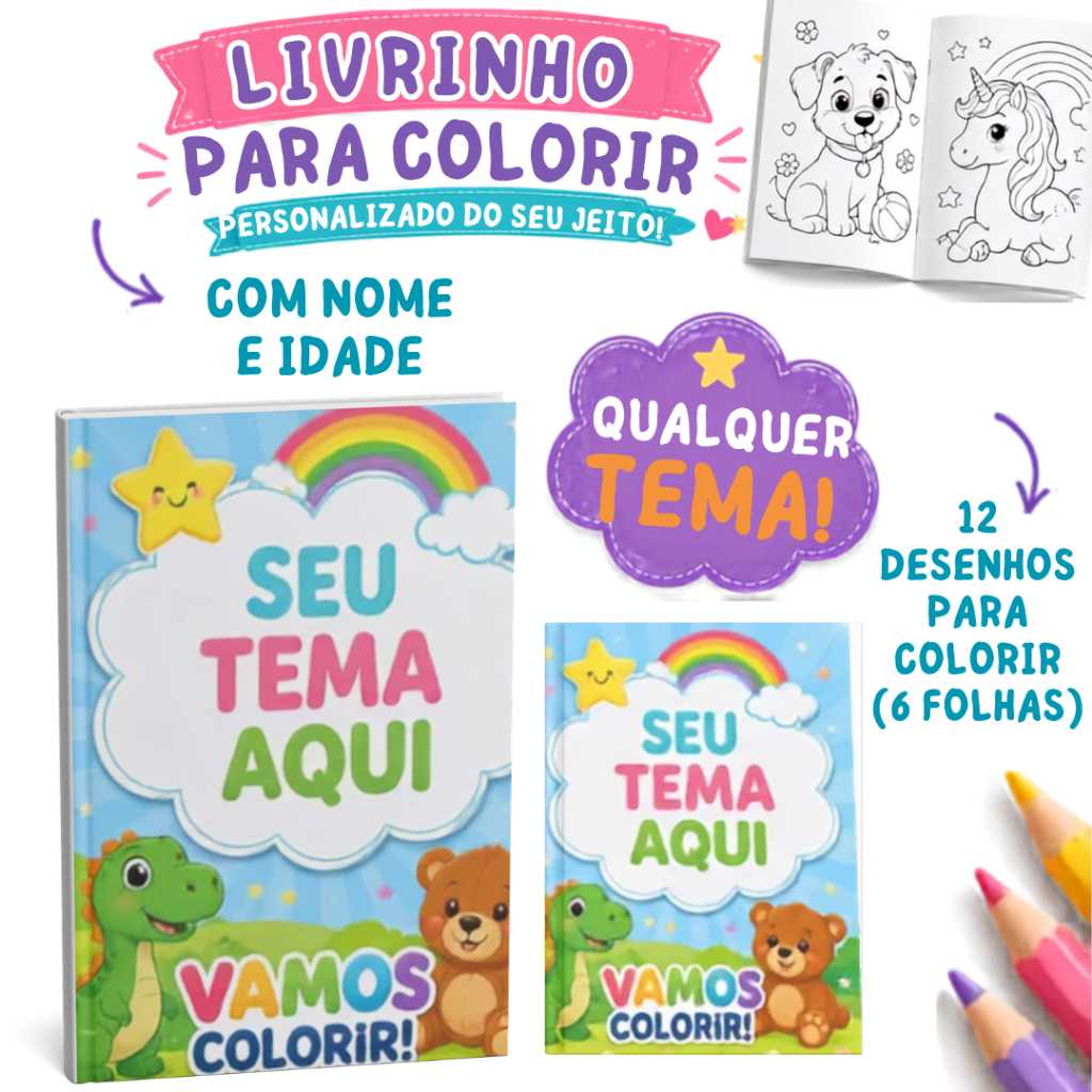 Livrinhos de Colorir Personalizados Lembrancinha Aniversário Festa Infantil Revistinha Qualquer Tema