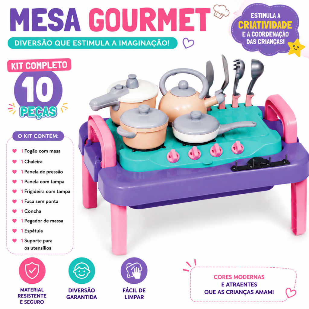KIT Mesinha Gourmet Cozinha Infantil Fogão com 4 Panelinhas + 4 Utensílios - MercoToys