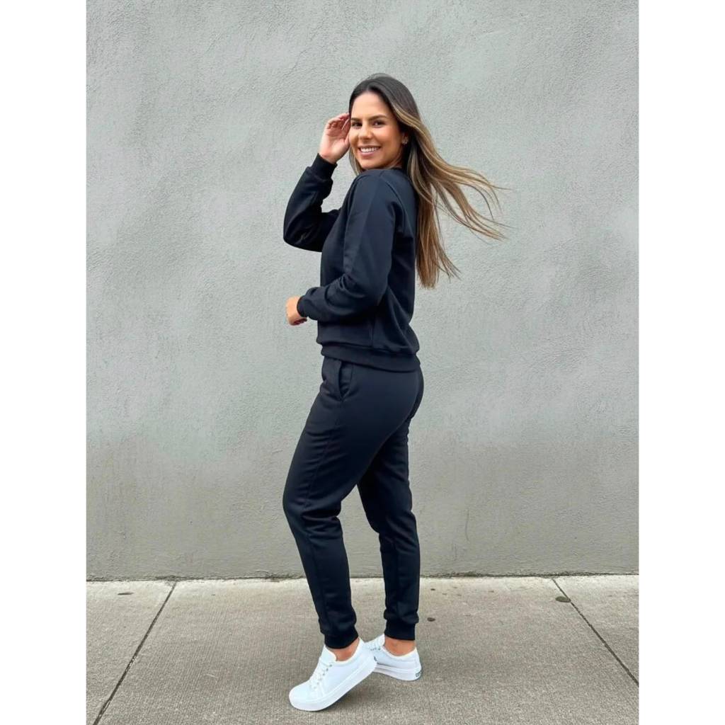 Conjunto Feminino Moletom Liso Gola Redonda Blusa De Frio E Calça Jogger Peluciada Agasalho Quentinho Minimalista
