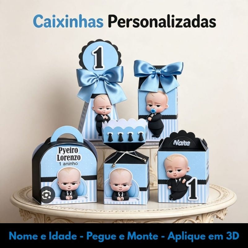Kit Festa Caixinhas Personalizadas O Poderoso Chefinho com Nome e Idade - Lembrancinha Infantil Aniversário com Aplique