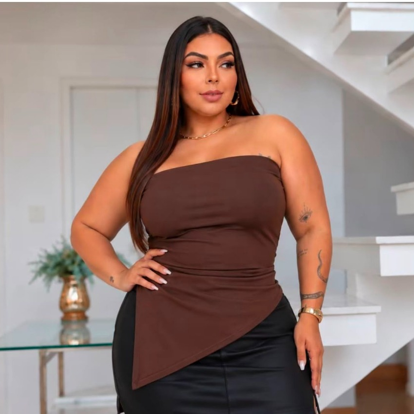 Blusa Bata Assimétrica Plus Size Feminina Elegante Confortável Moda Casual Tendência G ao G3