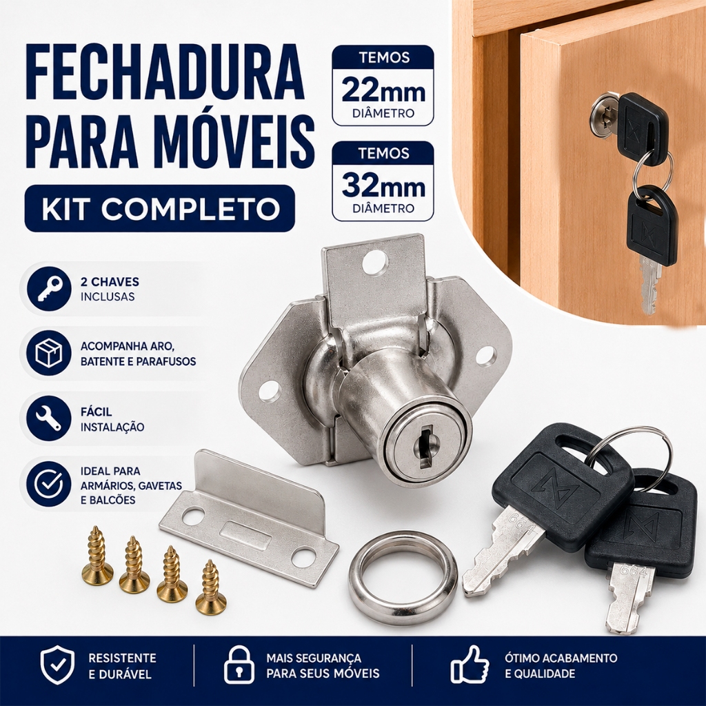 Fechadura Gaveta Completa com Batente Parafusos e 2 Chaves 22mm 32mm Armário Porta Móveis Escritório