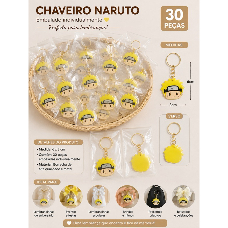 30 Chaveiros Naruto Emborrachados - Lembrancinhas, Brindes, Festa Anime e Revenda