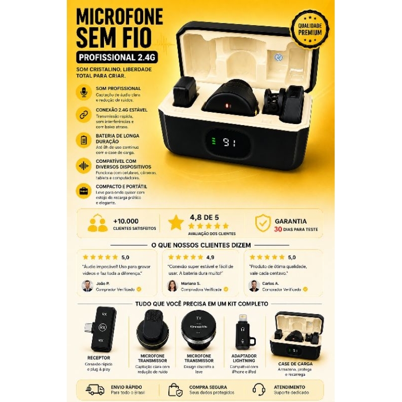 🎤 Microfone de Lapela-Com Estojo De Carregamento Profissional para iPhone Android USB-C Lightning -Cancelamento de Ruído
