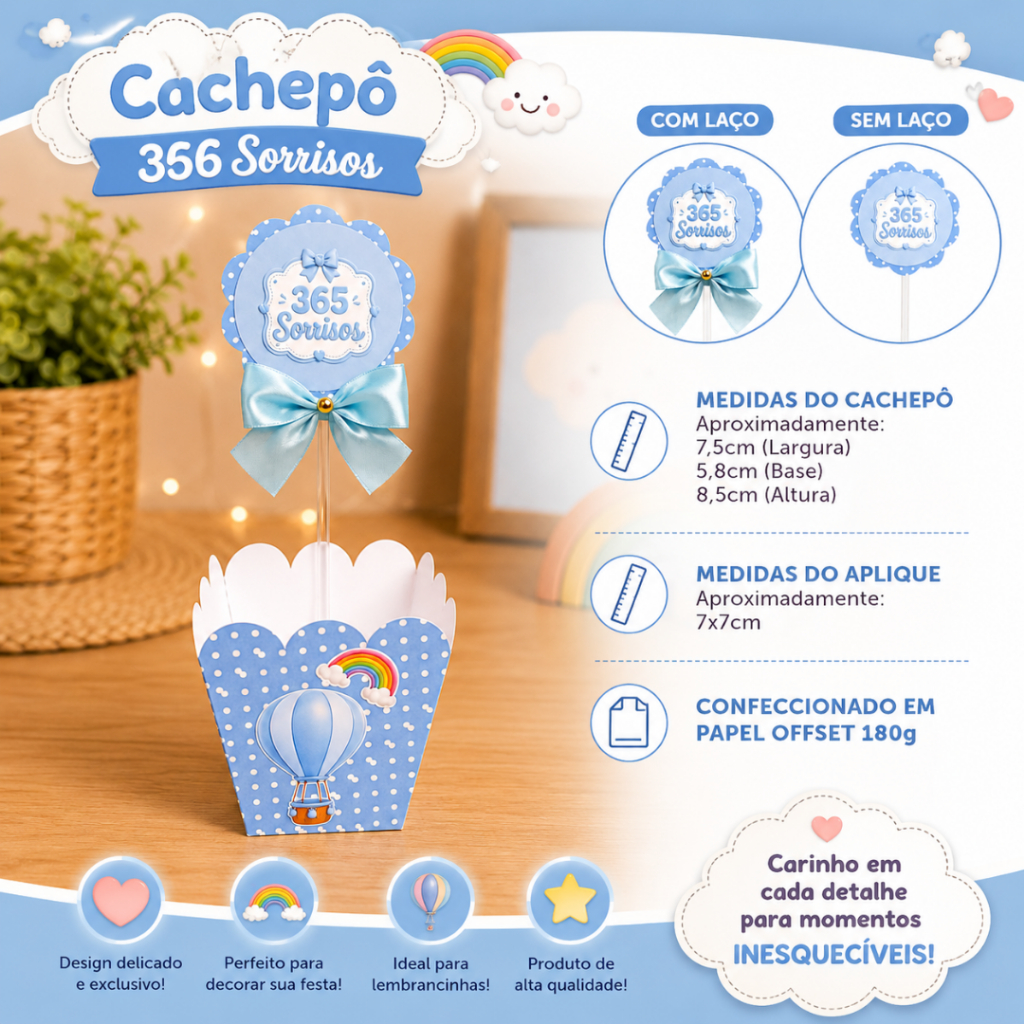 Centro de Mesa Cachepô 365 Sorrisos Personalizado | Centro de Mesa | Lembrancinha Festa Infantil Menina E Menino