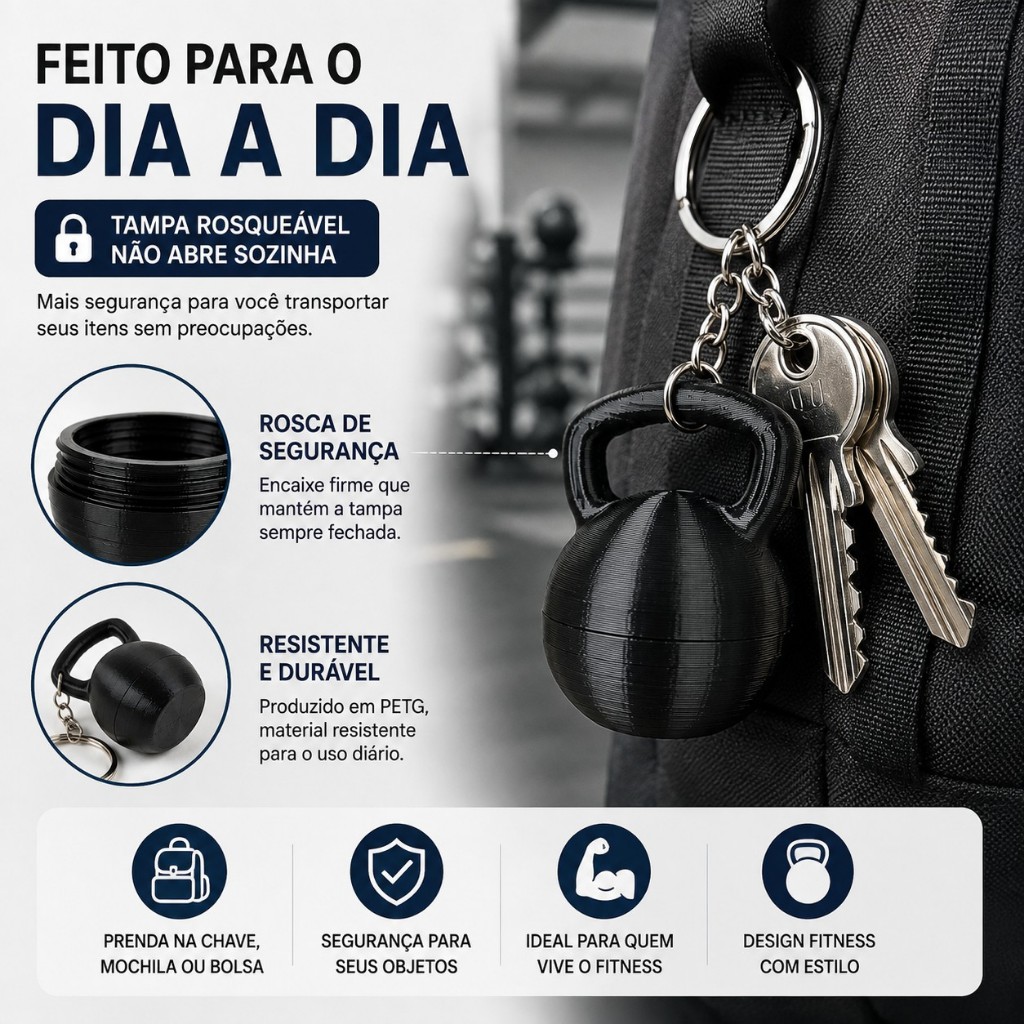 Chaveiro Porta Anéis Alianças Kettlebell Com Rosca de Segurança PETG CrossFit Academia Presente — imagem 2 de 2