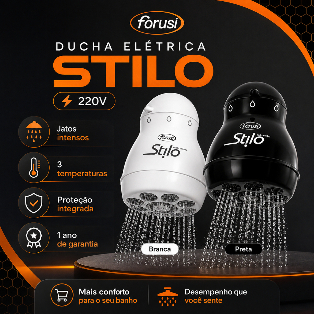 DUCHA CHUVEIRO FORUSI STILO 220V – BRANCA/PRETA ORIGINAL