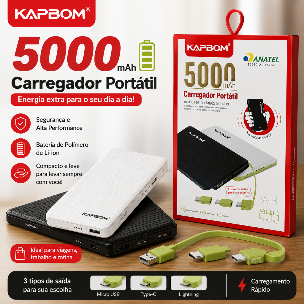 Carregador Portátil Power Bank 5000mAH Kapbom Universal Compacto Android e IPhone