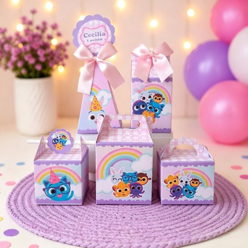 (PEGUE E MONTE) - Caixinhas Personalizadas Bolofofos Rosa Arco íris aniversário/ Kit Lembrancinhas