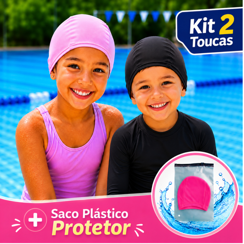 Kit 2 Touca de Natação Infantil + Saco Plástico Protetor , Tecido Suplex Premium , design 3D , Ajuste Perfeito , Macio