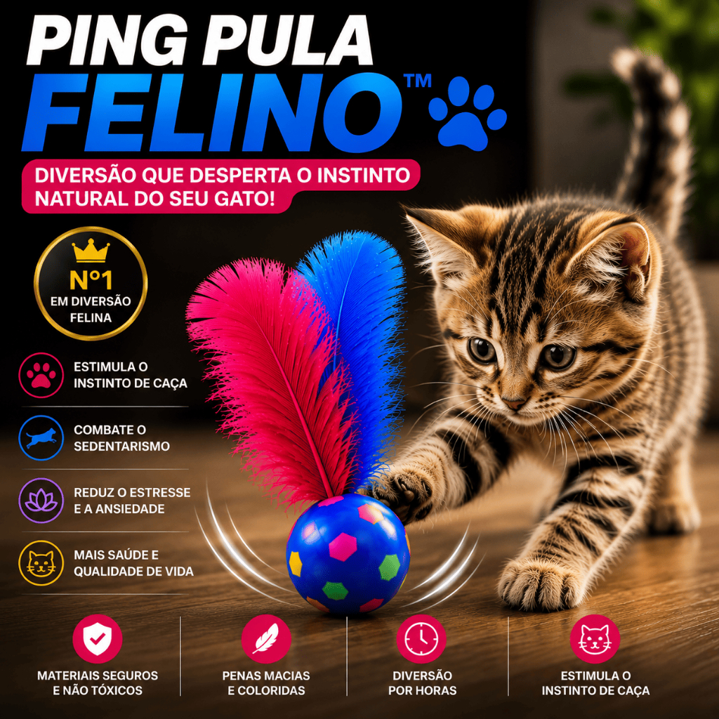 Brinquedo para Gato Bolinha Interativa Ping Pula Felino com Penas Coloridas Anti Estresse Pet