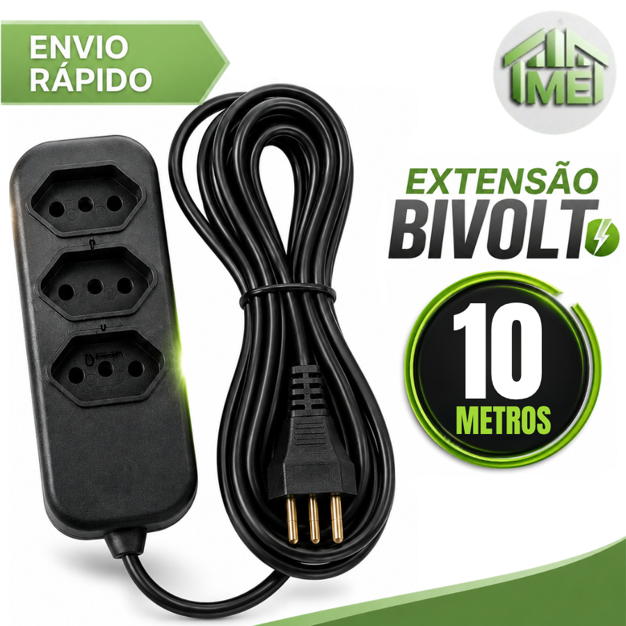 Extensão Elétrica 10 Metros Preta Bivolt Tripolar Resistente 10A
