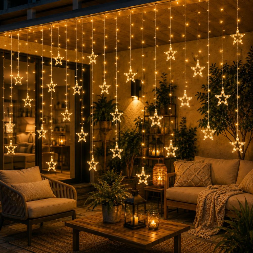 Cascata de Natal Estrelas Bivolt Leds com 8 Funções em cores Branco Quente e Pisca Pisca
