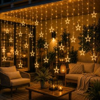 Cascata de Natal Estrelas Bivolt Leds com 8 Funções em cores Branco Quente e Pisca Pisca