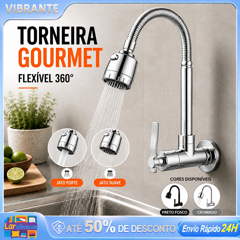 Torneira Gourmet Flexível de Parede 360° Preta Cozinha com 2 Jatos Pronta Entrega