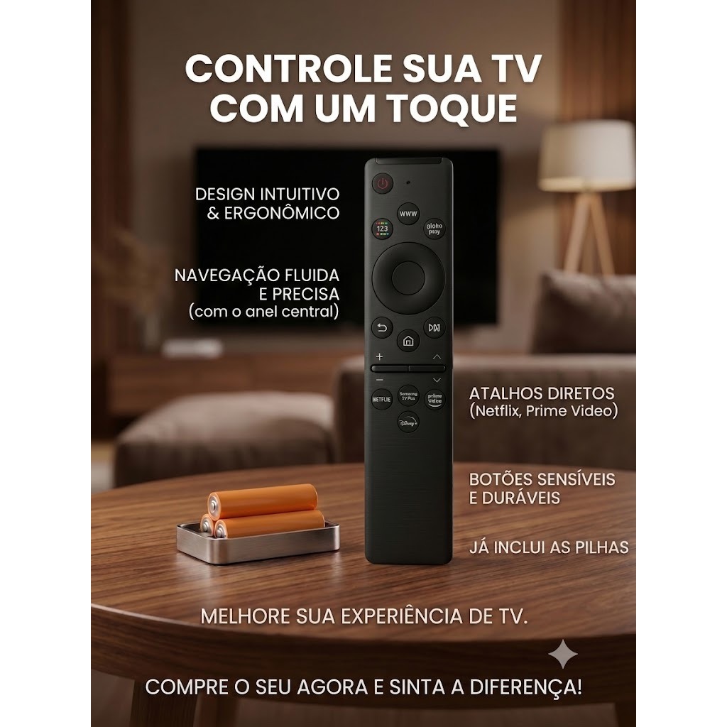 CONTROLE REMOTO COMPATIVEL COM SAMSUNG SMART 4K - BOTÕES NETFLIX, PRIME VIDEO, DISNEY+ E SAMSUNG TV PLUS