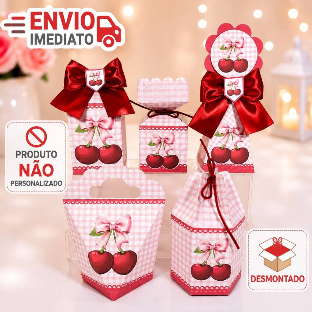 kit Caixinhas Personalizadas para Festa CEREJINHA ROSA COM VERMELHA Lembrancinhas de Aniversário Decoração DESMONTADO.