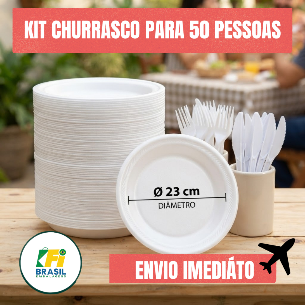 Kit Festa Churrasco 150 peças p/ 50 pessoas - 50 Prato Isopor Descartáveis EPS 23cm, 50 Garfo e 50 Faca Resistentes