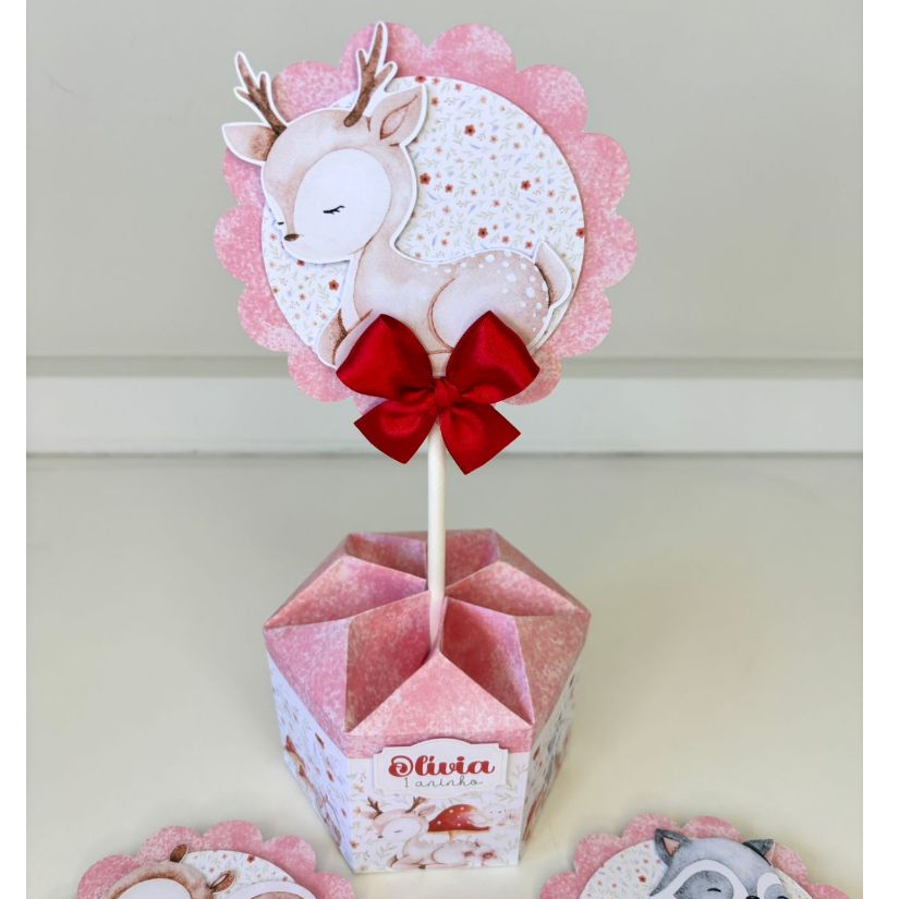 Kit de Centro de mesa Bosque Vermelho Personalizado | Arranjo Enfeite Cachepô | Lembrancinha