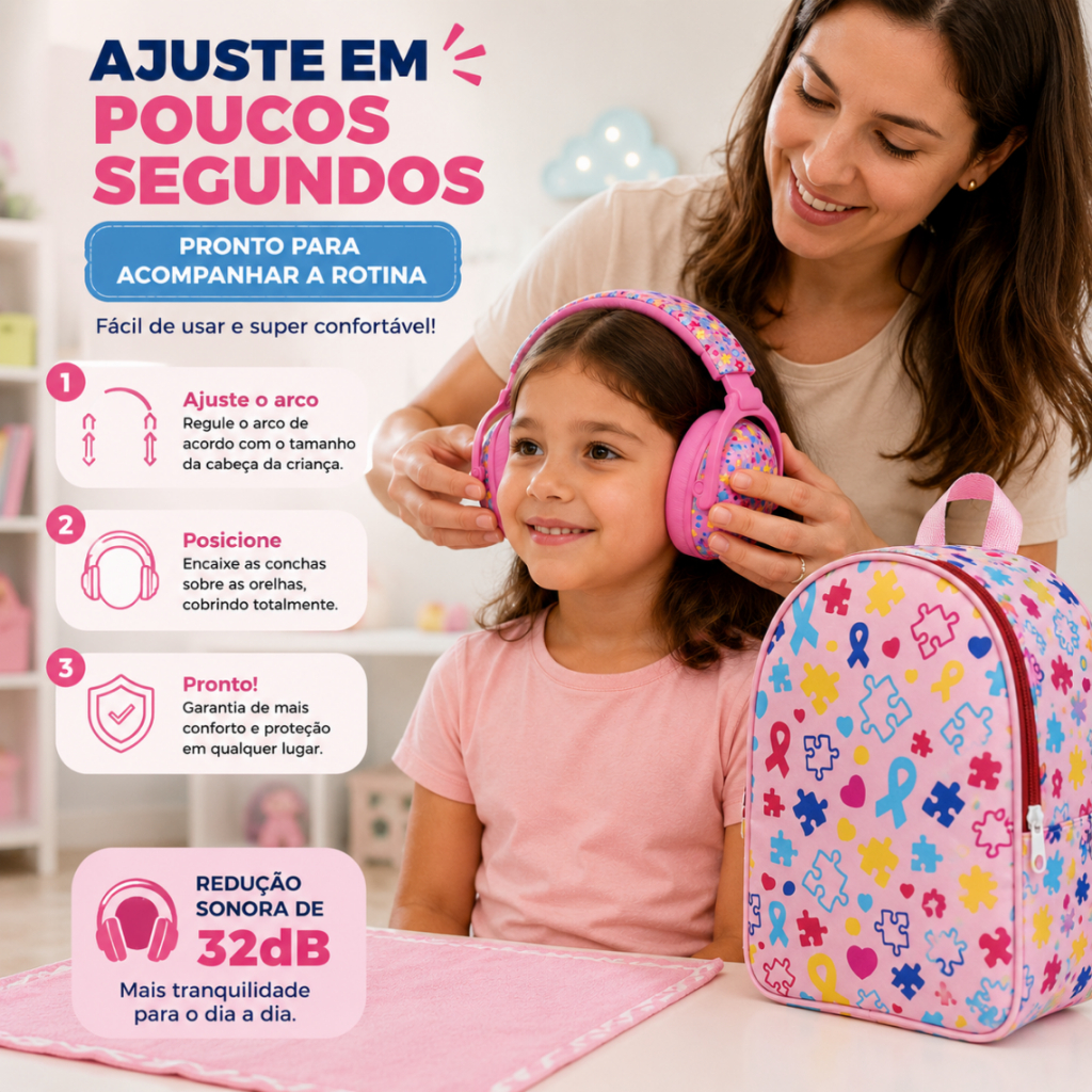 Kit Sensorial Infantil Mochila 22cm Abafador Pinky Autismo 32dB Infantil 32dB Mochilinha Escolar Sensorial Tea