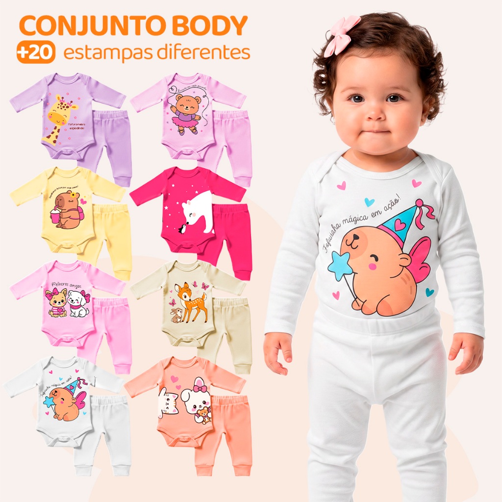Kit 6 ou 14 Peças de Roupas para Bebê Menina (Body Longo + Calça Mijão) Conjunt