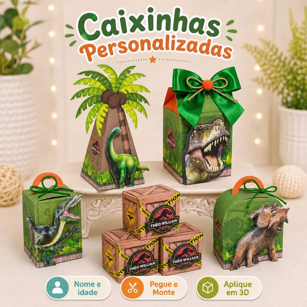Kit Festa Caixinhas Personalizadas Jurassic Park  Dinossauros Nome e Idade Festa Infantil