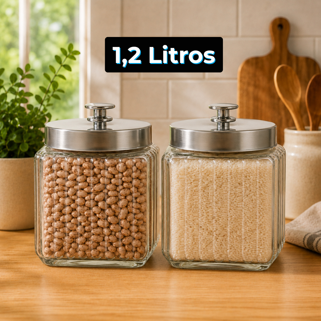 Kit Potes de Vidro Hermético Com Tampa Inox 1,2L Quadrado Resistente Para Alimentos Organização Cozinha